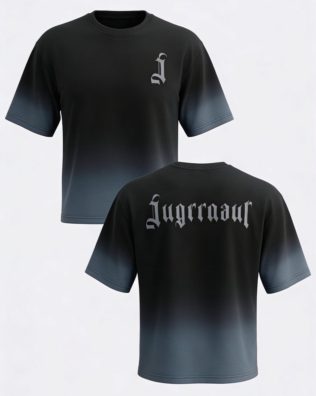 Black t-shirt with grey text on a gradient background