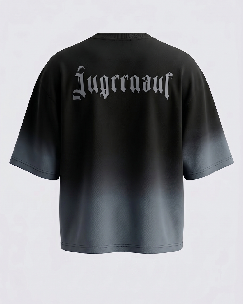 Black t-shirt with grey gothic text on the back against a light gray background
