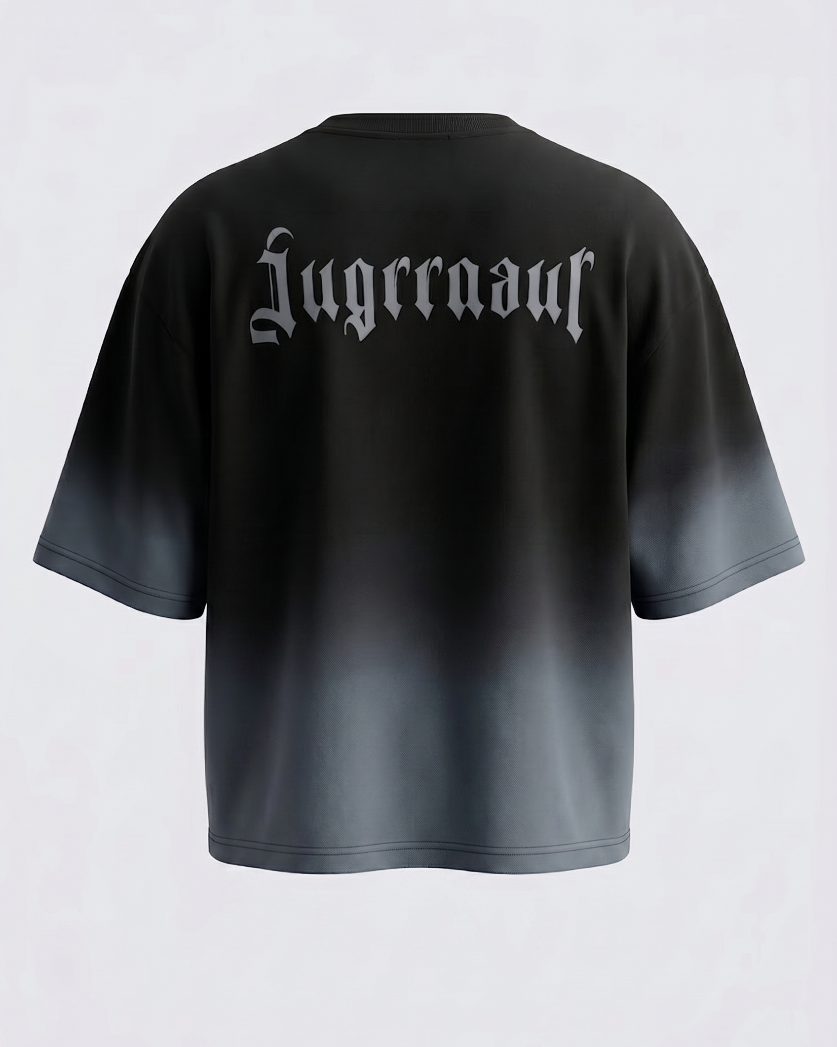 Black t-shirt with grey gothic text on the back against a light gray background