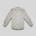 A beige linen shirt with embossed flower pattern, displayed against a neutral background