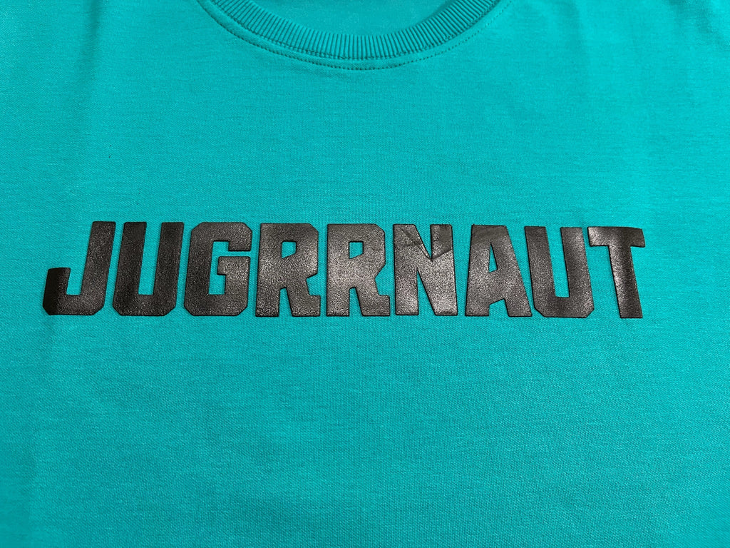 Teal sweatshirt with 'JUGRRNAUT' logo in black on a teal background