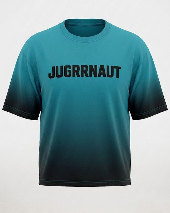 Teal t-shirt with 'JUGRRNAUT' text on a white background