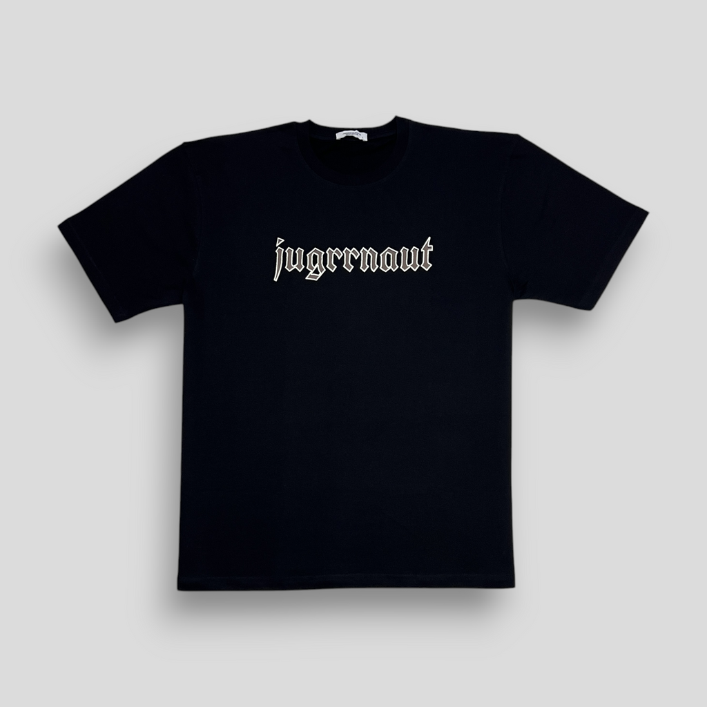 A black crew neck t-shirt with the word 'jugrnaut' printed across the chest in white.