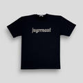 A black crew neck t-shirt with the word 'jugrnaut' printed across the chest in white.