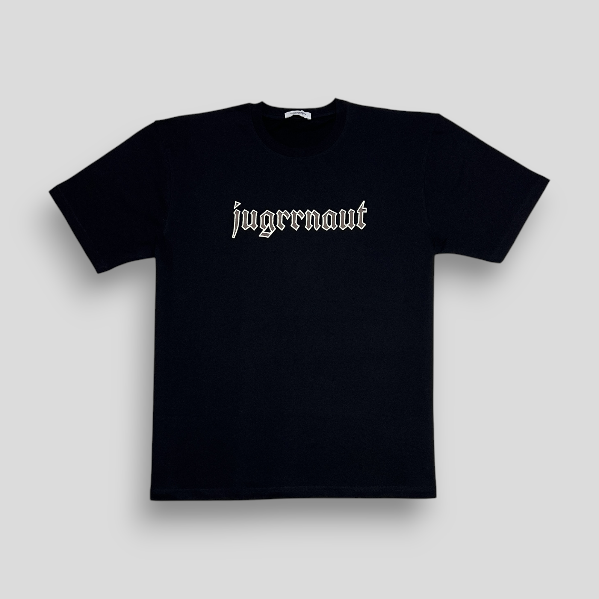 A black crew neck t-shirt with the word 'jugrnaut' printed across the chest in white.