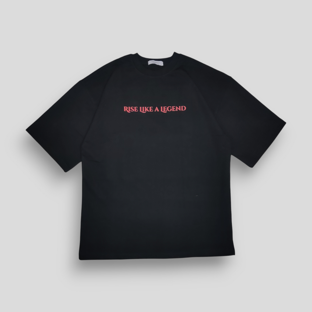 Black cotton t-shirt with 'Rise Like a Legend' text in red on the front and a graphic print of a Phoenix and Hydra on the back.