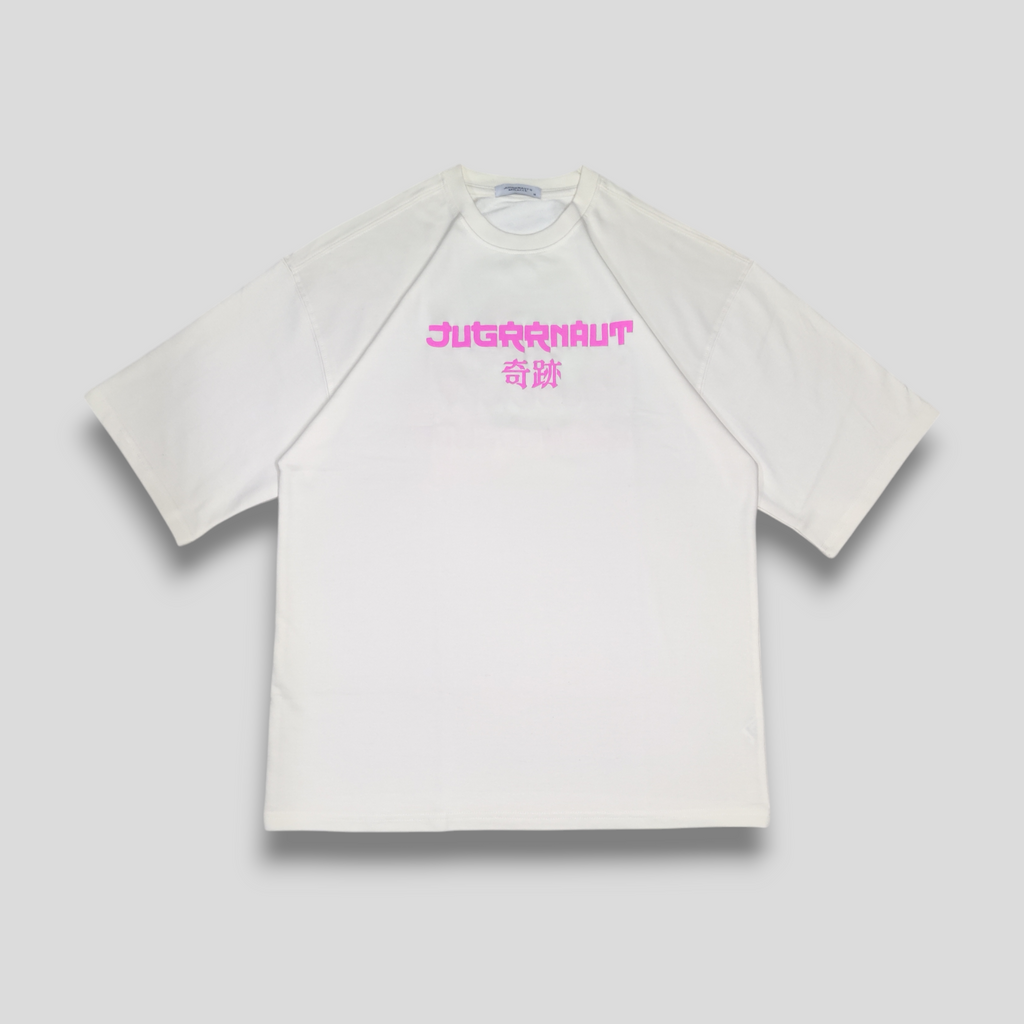 White crew neck t-shirt with 'JUGRRNAUT's MIRACLE' text in pink and a fluorescent cherry blossom artwork on the back.