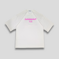 White crew neck t-shirt with 'JUGRRNAUT's MIRACLE' text in pink and a fluorescent cherry blossom artwork on the back.
