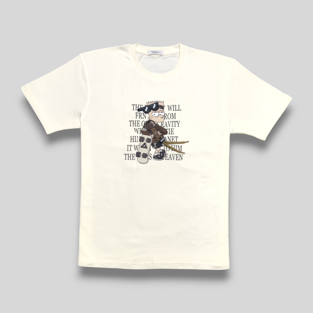 White t-shirt with graphic design and text on a gray background