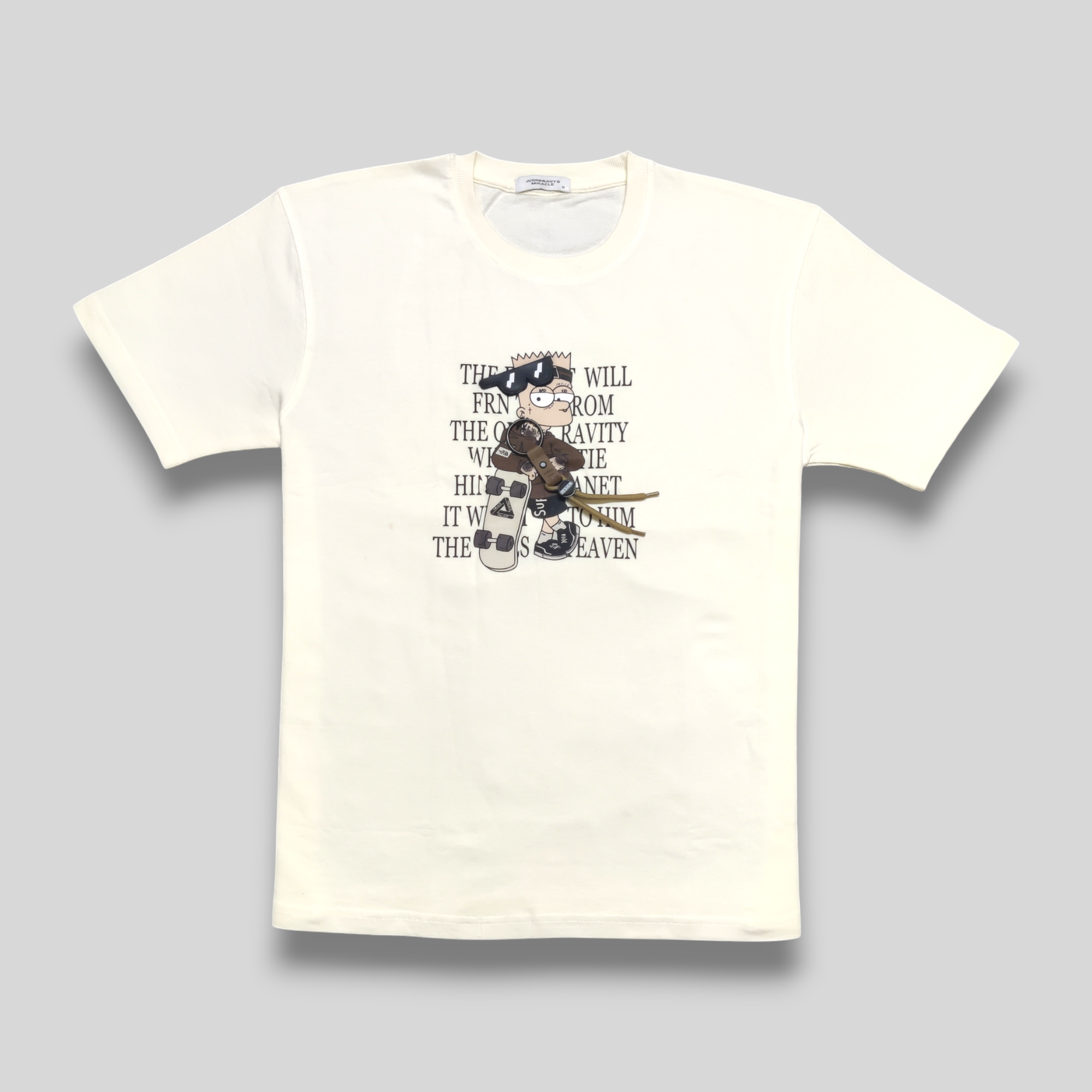 White t-shirt with graphic design and text on a gray background
