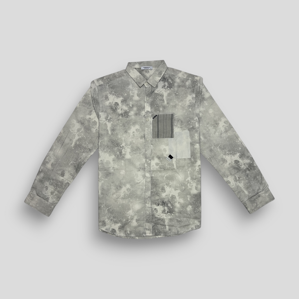 A light grey smoke printed shirt with long sleeves, a collar, and a chest pocket.