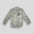 A light grey smoke printed shirt with long sleeves, a collar, and a chest pocket.