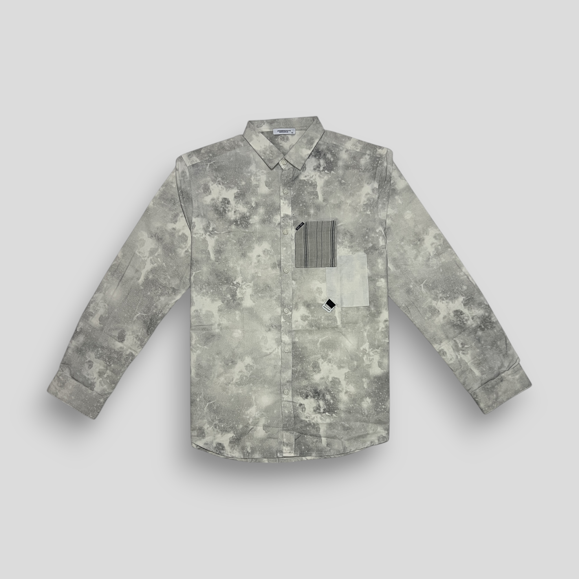 A light grey smoke printed shirt with long sleeves, a collar, and a chest pocket.