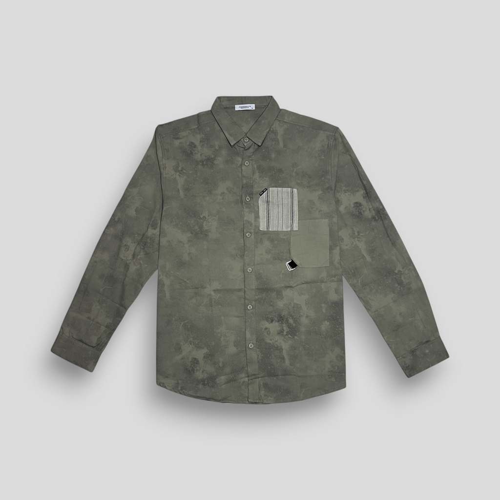 Olive green smoke printed long-sleeved shirt with a collar and chest pocket, displayed on a plain background.