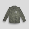 Olive green smoke printed long-sleeved shirt with a collar and chest pocket, displayed on a plain background.