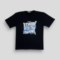 Black t-shirt with the text 'Stride Into The Unknown' printed in a bold, dynamic typography design.