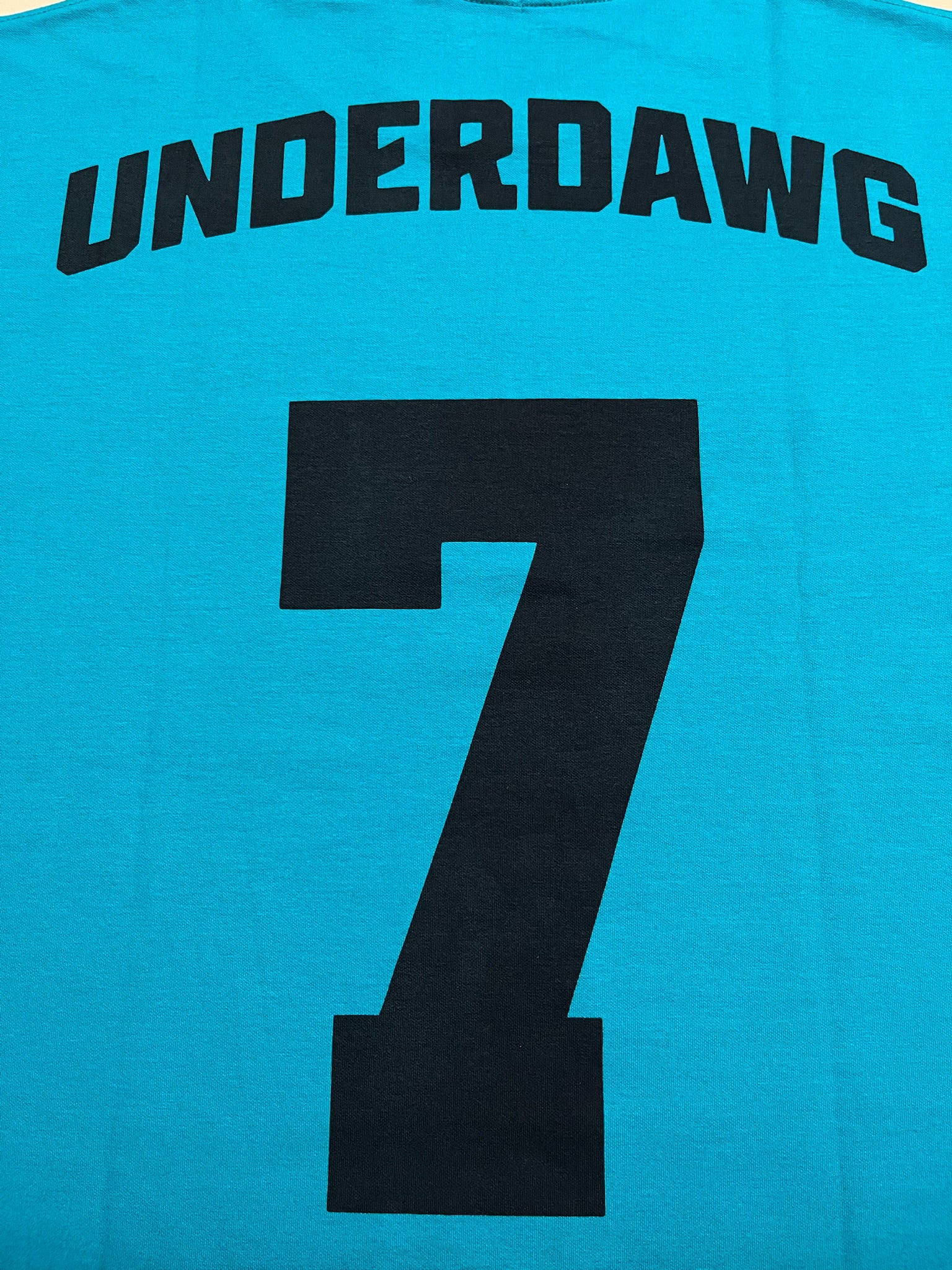 Teal t-shirt with 'UNDERDAWG' and number '7' printed on it