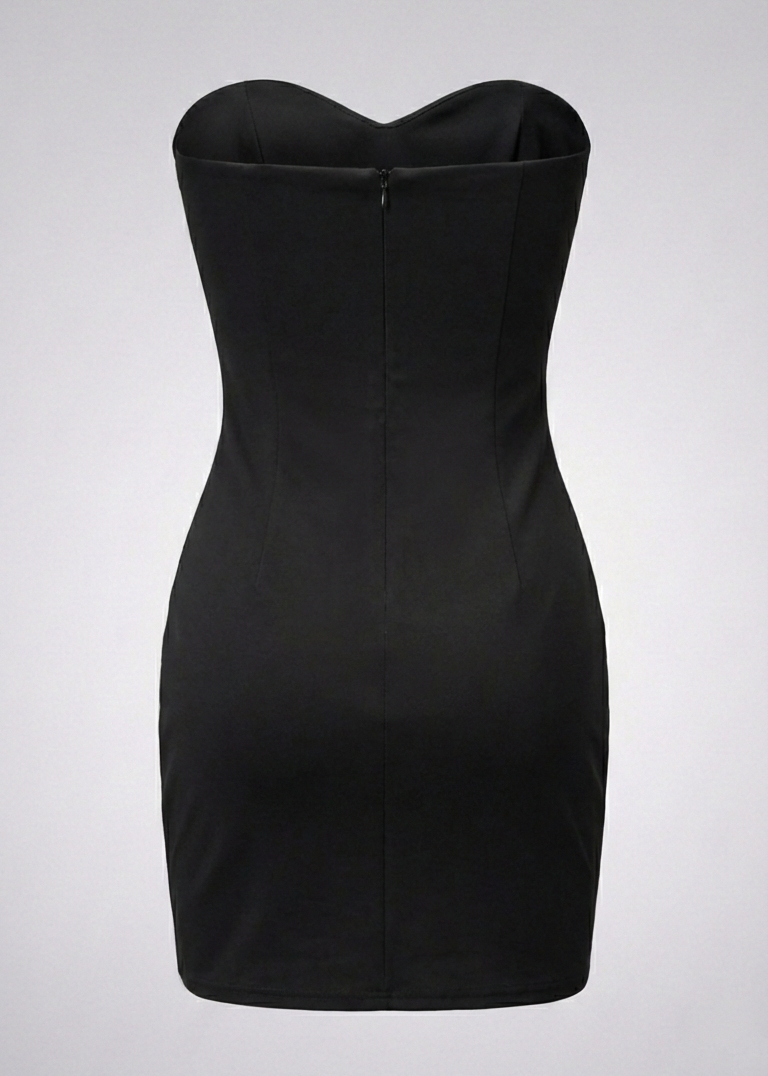 Black strapless dress on a light gray background