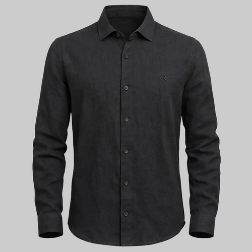 Black button-up shirt on a light gray background