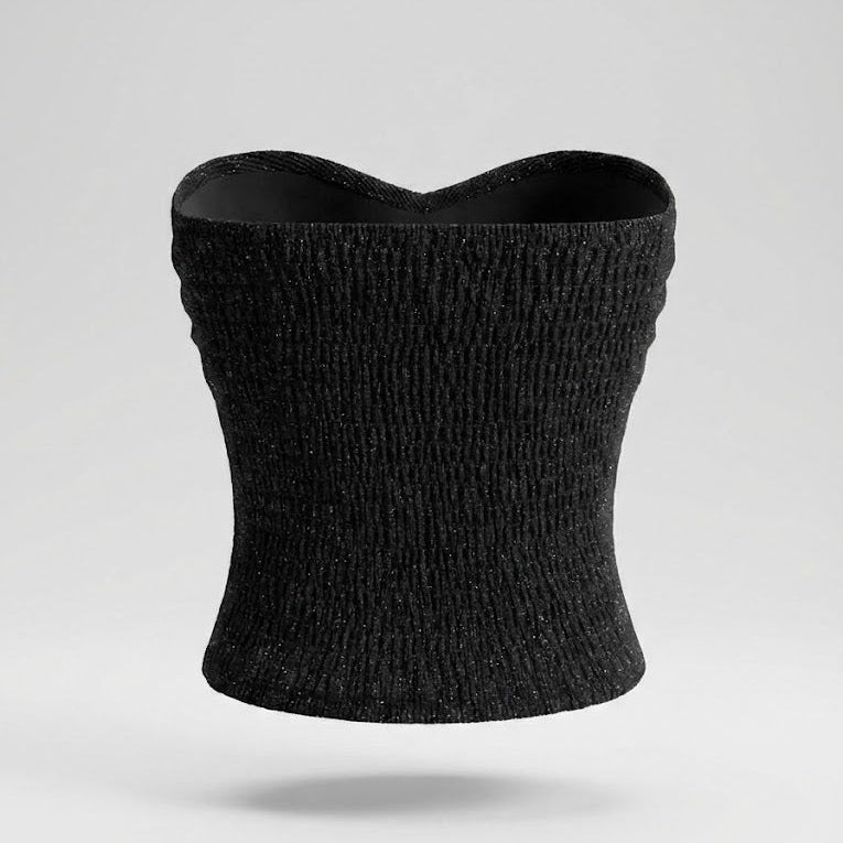 Black strapless top on a light gray background