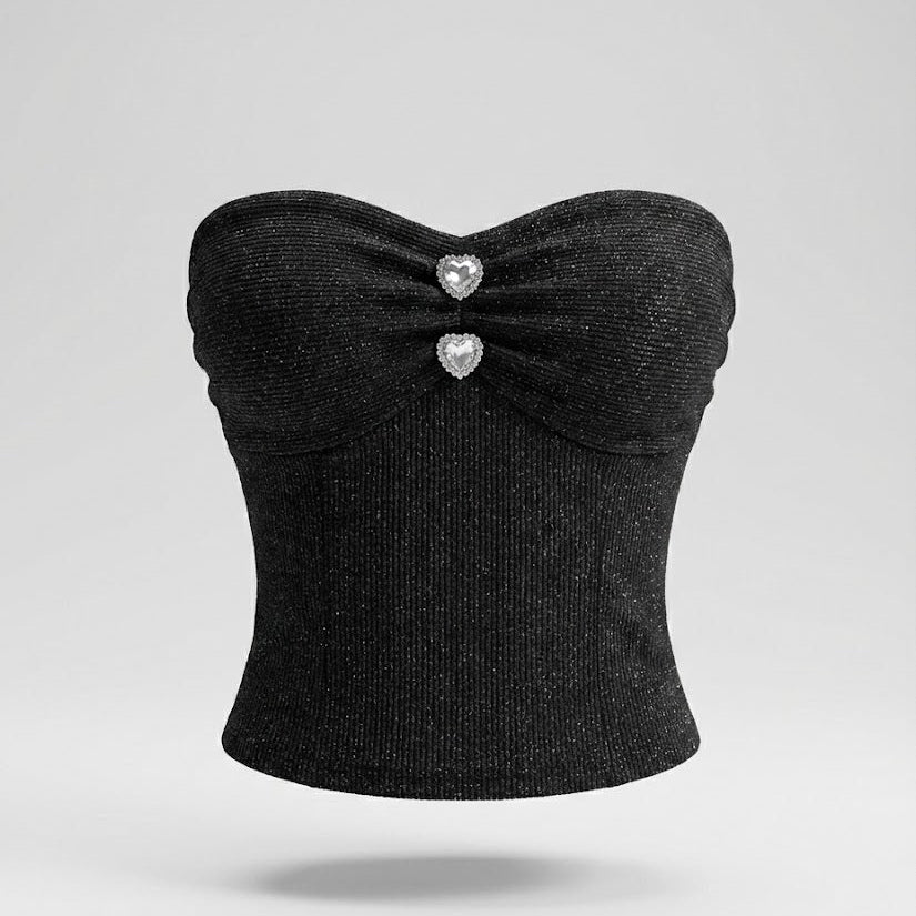 Black strapless top with heart-shaped buttons on a gray background