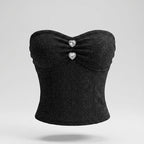 Black strapless top with heart-shaped buttons on a gray background