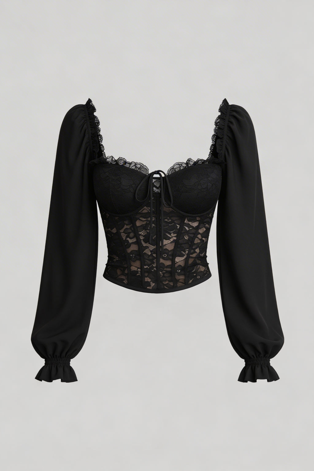 Sheer Lace Corset Top with Puff Sleeves