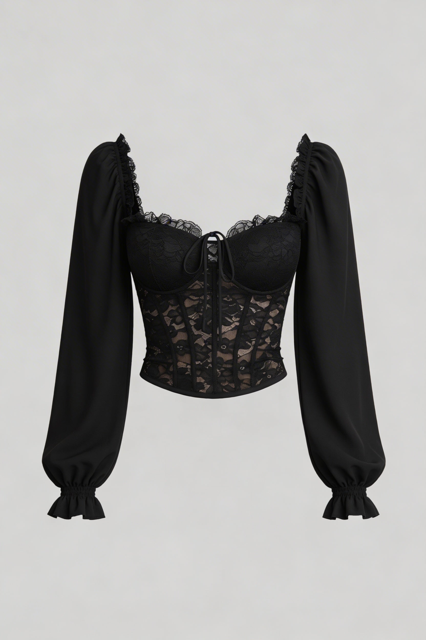Sheer Lace Corset Top with Puff Sleeves