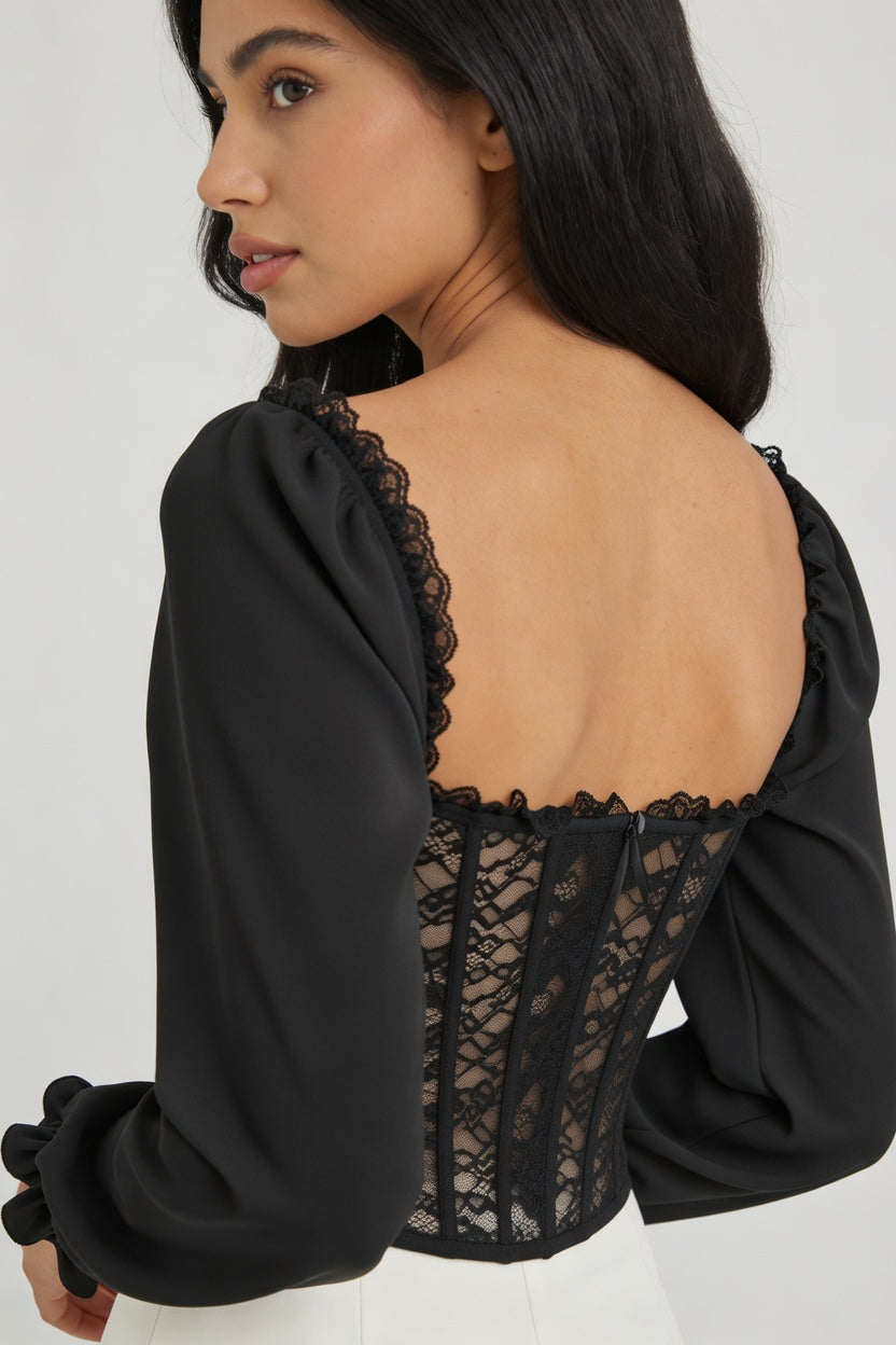 Sheer Lace Corset Top with Puff Sleeves