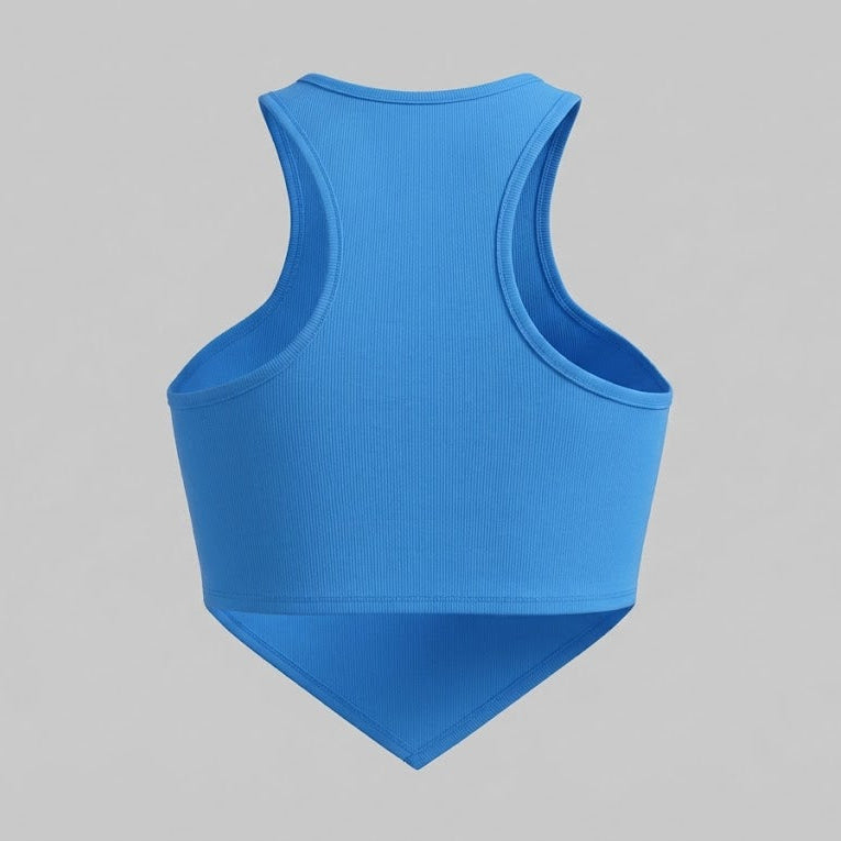 Blue sports bra on a gray background