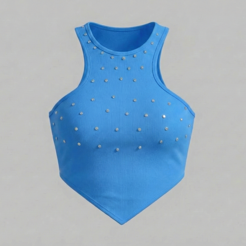 Blue tank top with silver studs on a gray background
