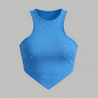 Blue tank top with silver studs on a gray background