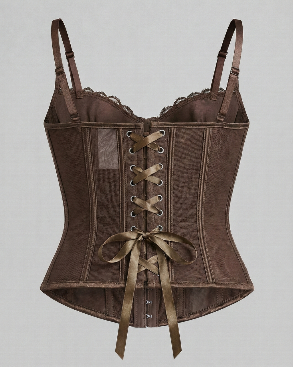 Brown corset with lace details on a gray background