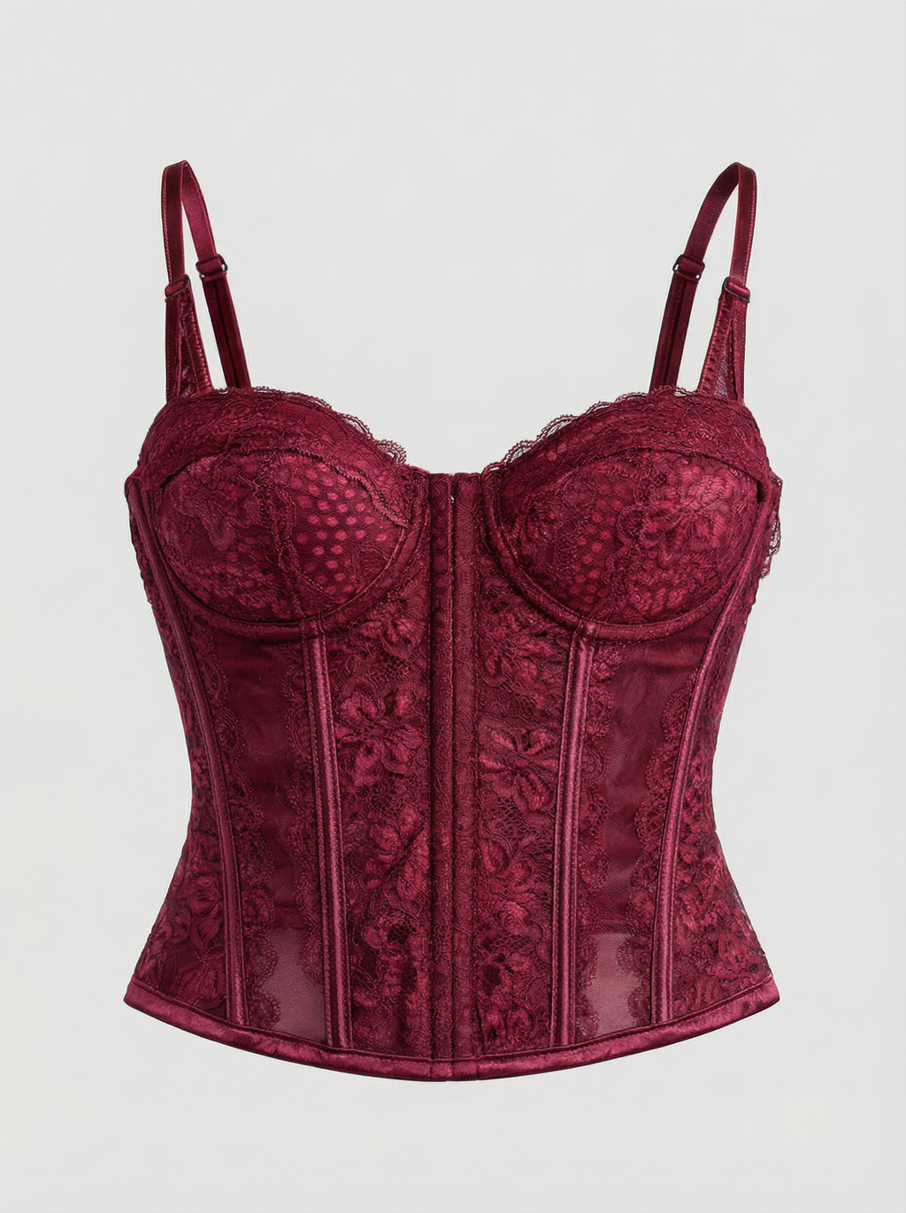 Red lace corset on a light gray background