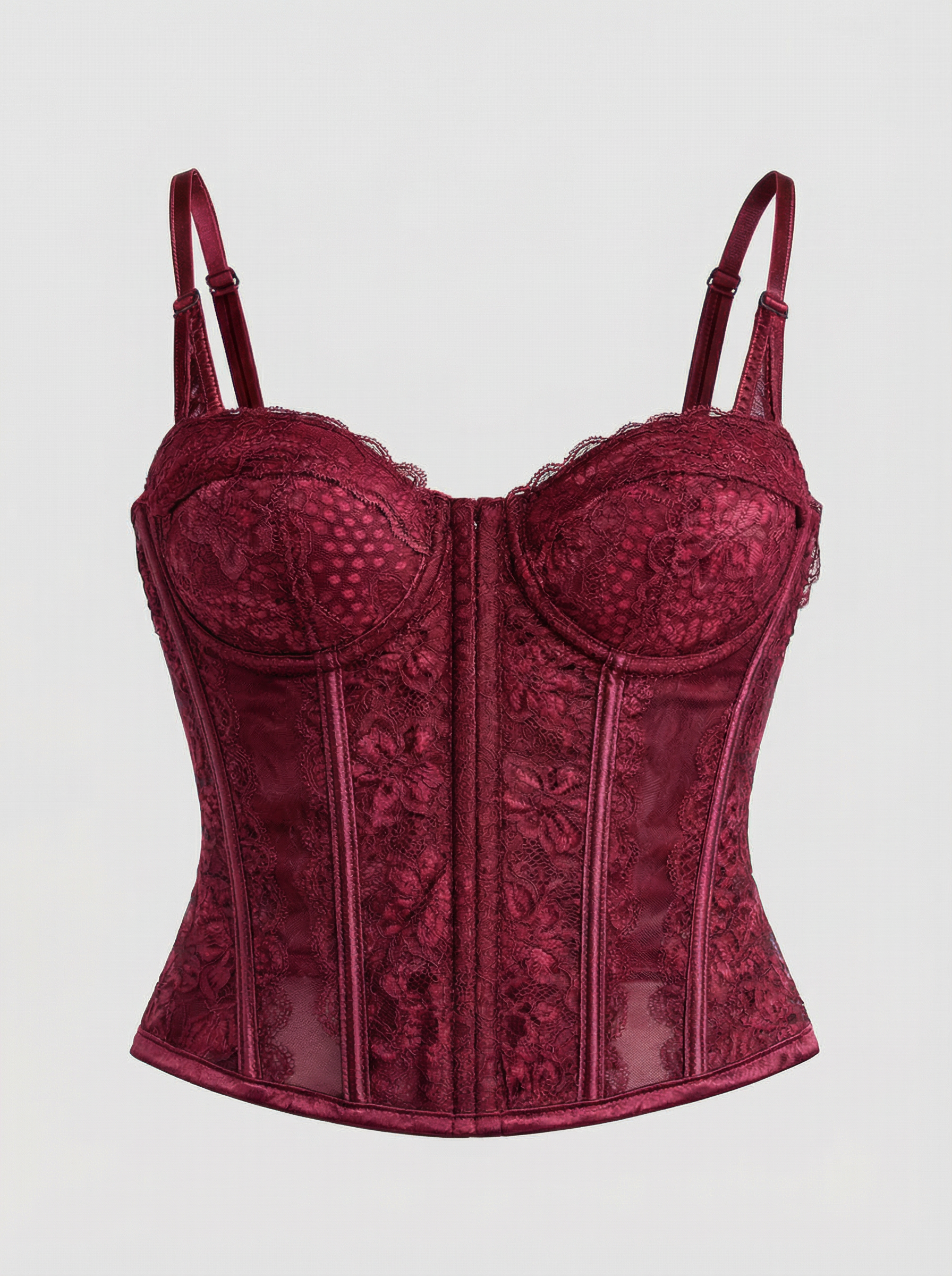 Red lace corset on a light gray background