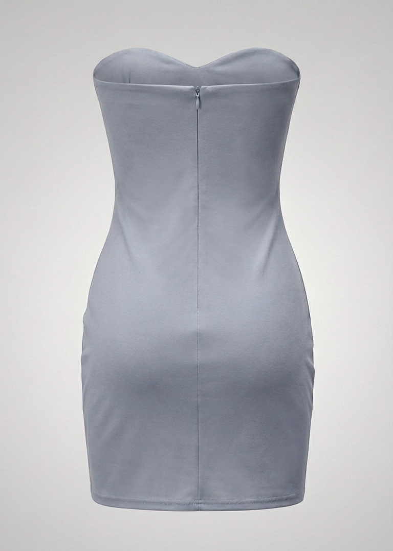 Gray strapless dress on a light gray background