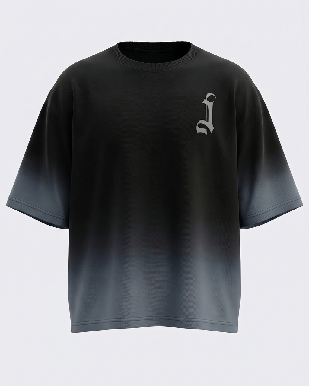 Black t-shirt with a grey logo on a light gray background