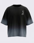 Black t-shirt with a grey logo on a light gray background