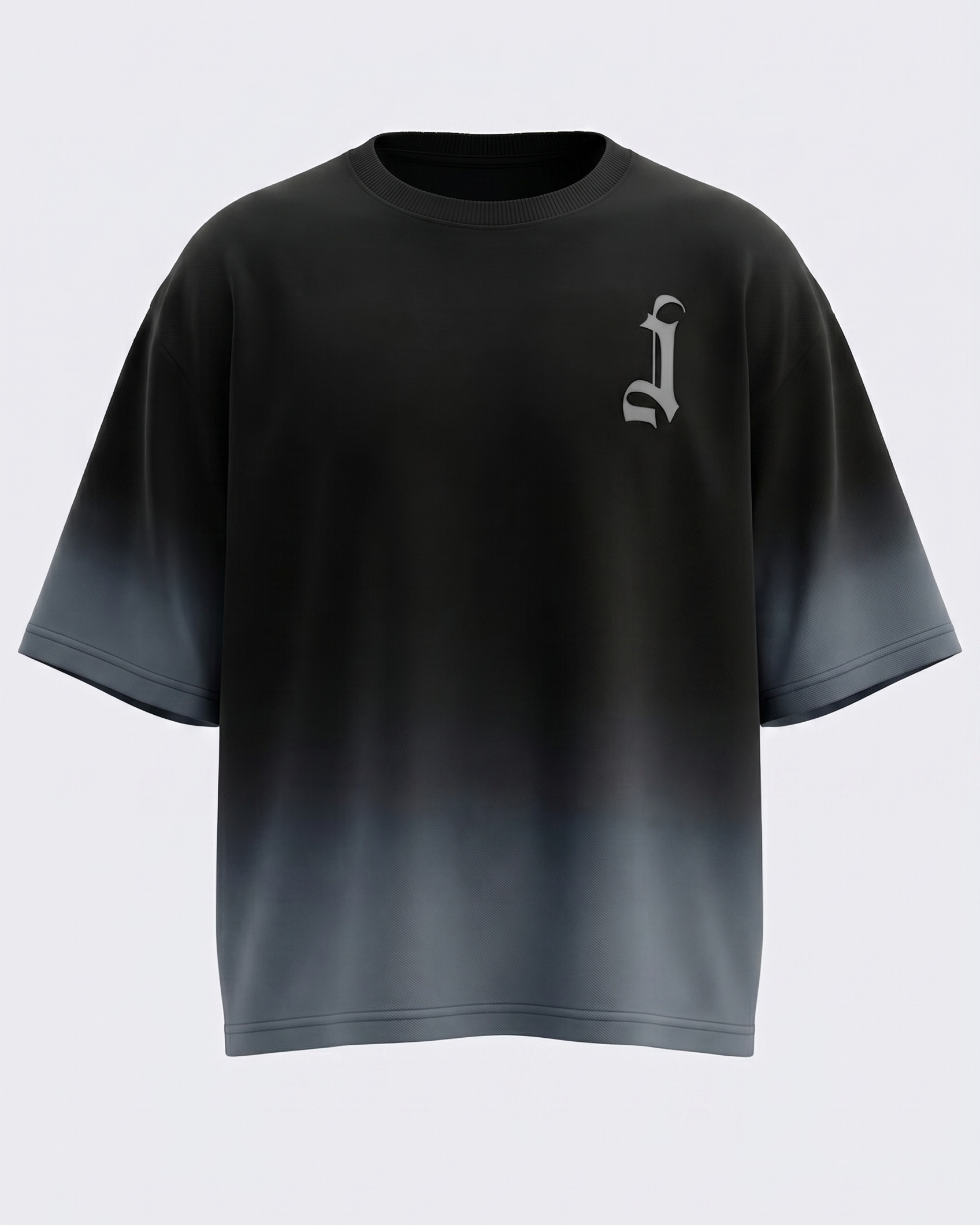 Black t-shirt with a grey logo on a light gray background