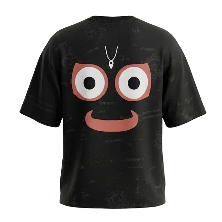 Black t-shirt with a cartoon face design on a gray textured background