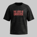 Black t-shirt with red text 'THE LORD OF UNIVERSE' on a textured gray background