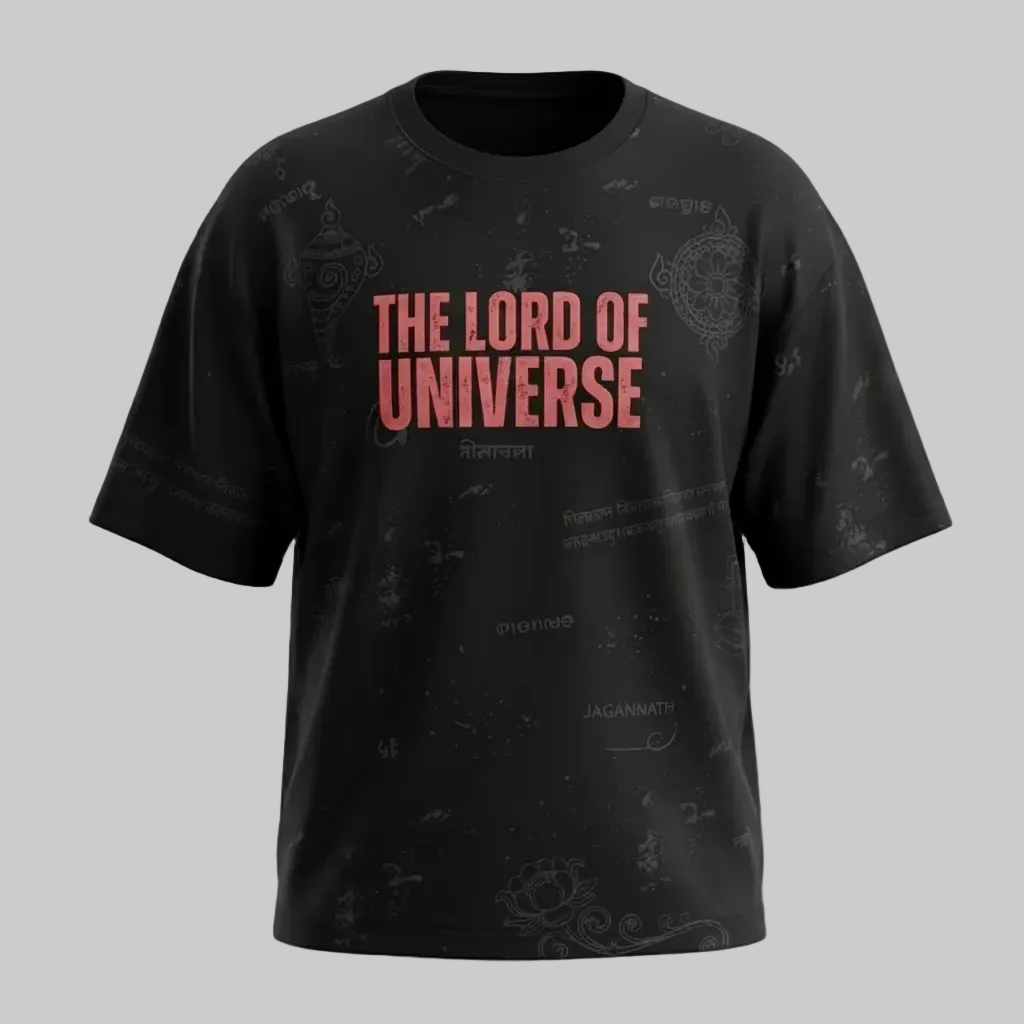 Black t-shirt with red text 'THE LORD OF UNIVERSE' on a textured gray background