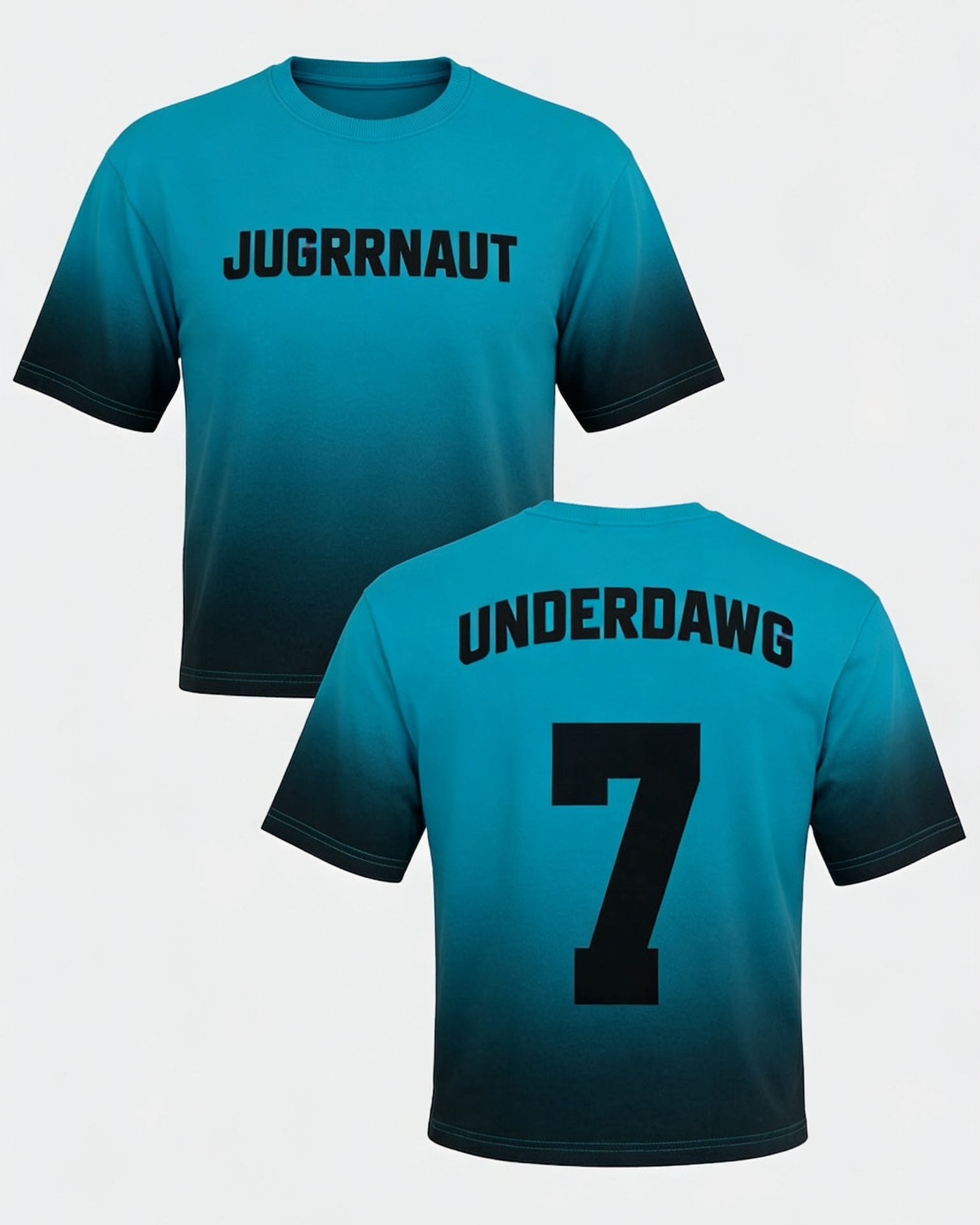 teal blue t-shirts with text on a white background
