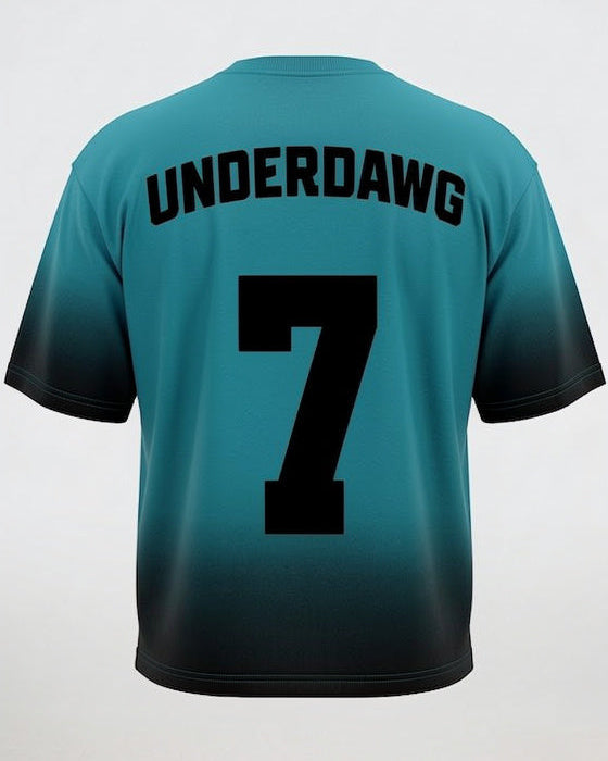 Teal t-shirt with 'UNDERDAWG' and number '7' on a white background in varsity style