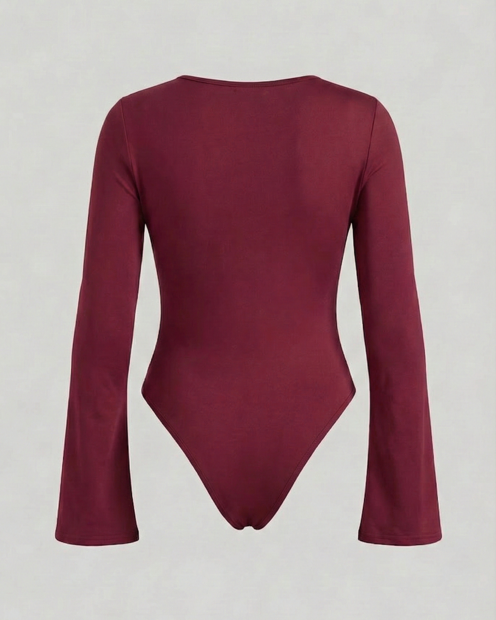Maroon bodysuit with long sleeves on a light gray background