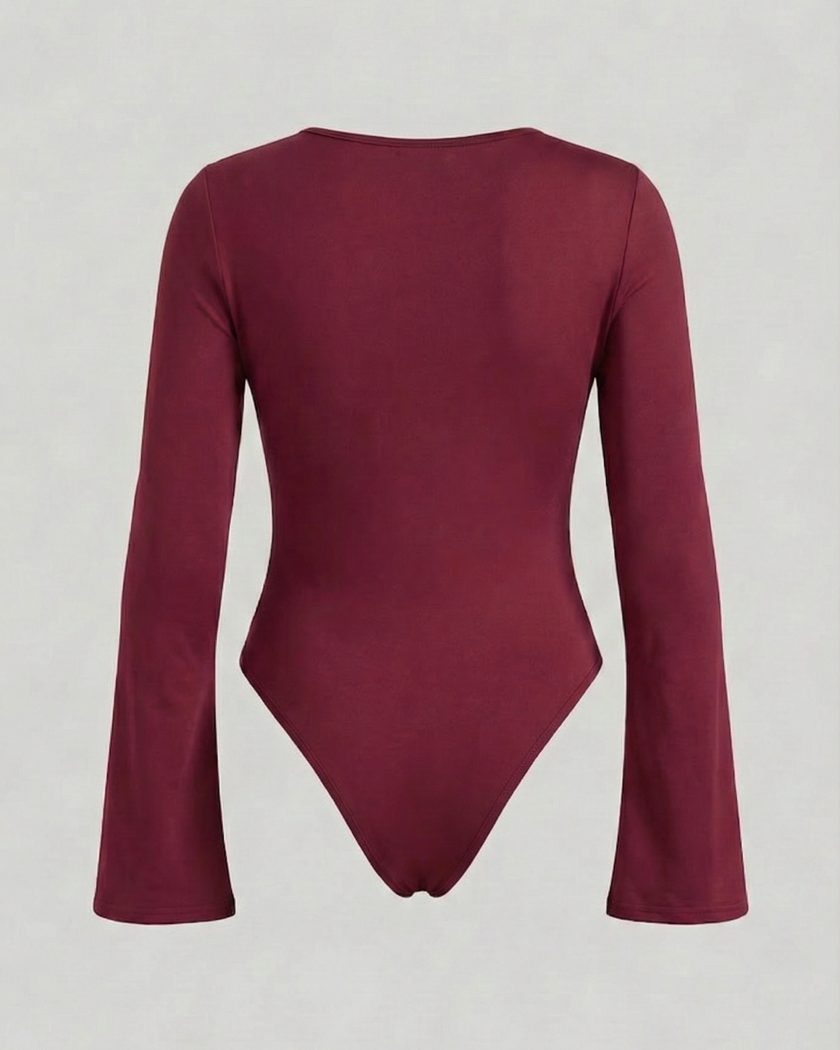 Maroon bodysuit with long sleeves on a light gray background