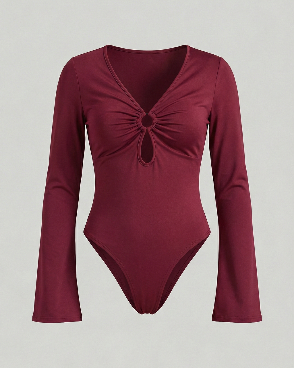Maroon swimsuit with long sleeves on a light gray background