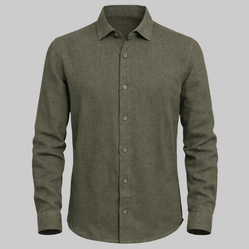 Green button-up shirt on a light gray background