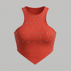 Red crop top with studded details on a gray background