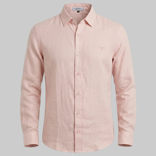 Pink button-up shirt on a light gray background